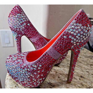 Shiek Rhinestone Beaded Crystal Red and White Platform Heels Size 6.5